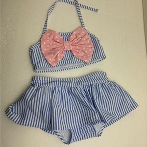 NWT Ruffle Butts Seersucker two piece with bow and skirted bikini size 2t